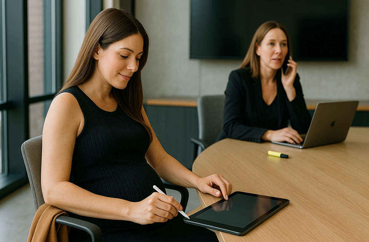 A pregnant woman sits at a corporate board room desk with an ipad and a female coworker sits close by.